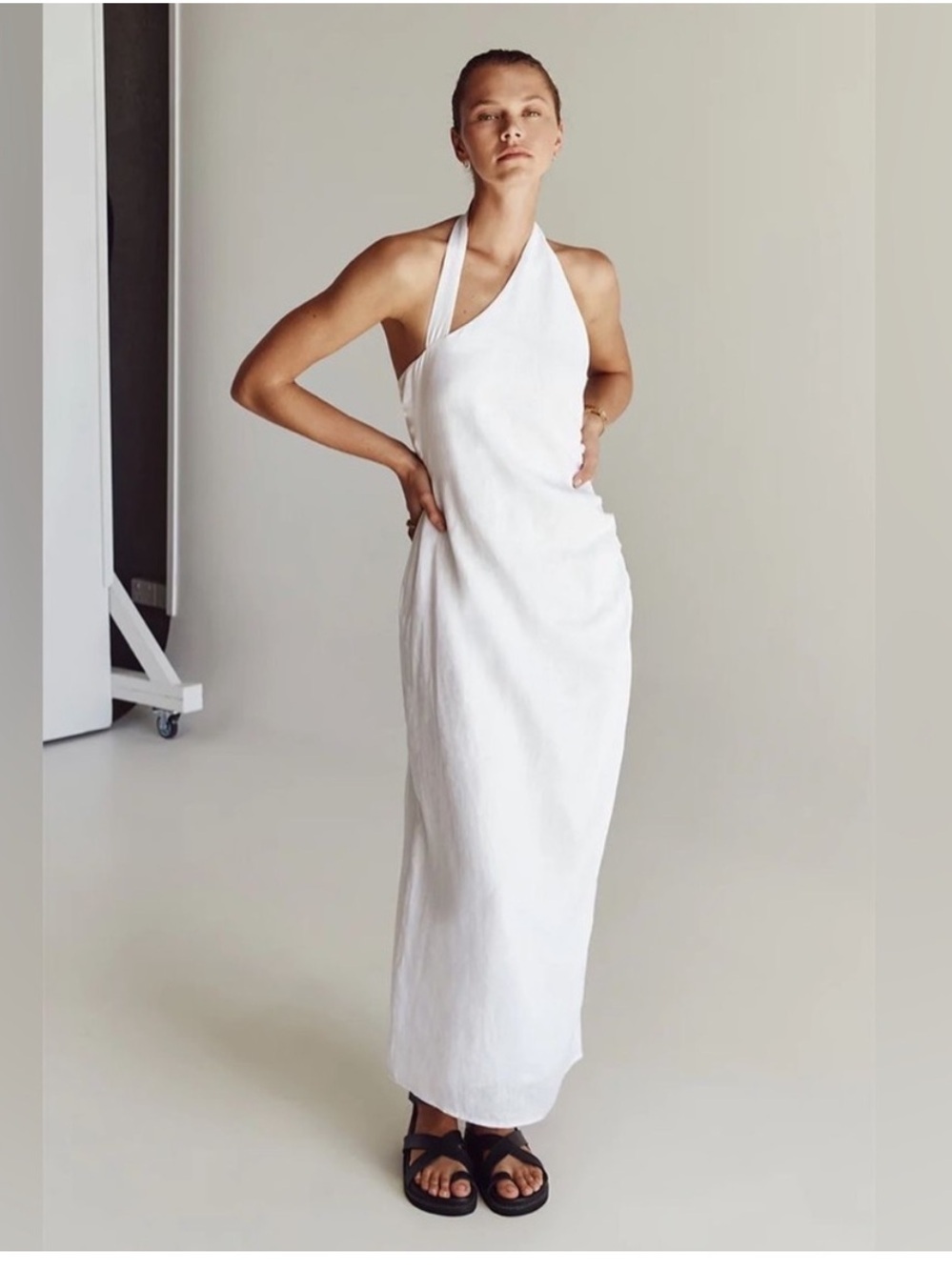 DISSH Zoey White Asym Halter Linen Midi Dress Size 8